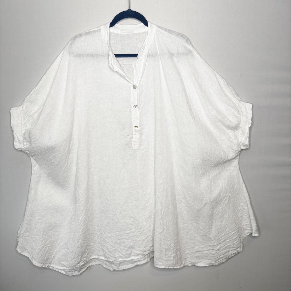 Made in Italy White Linen Oversized Henley Tunic Tent Dress Short Sleeve OS - Picture 3 of 9